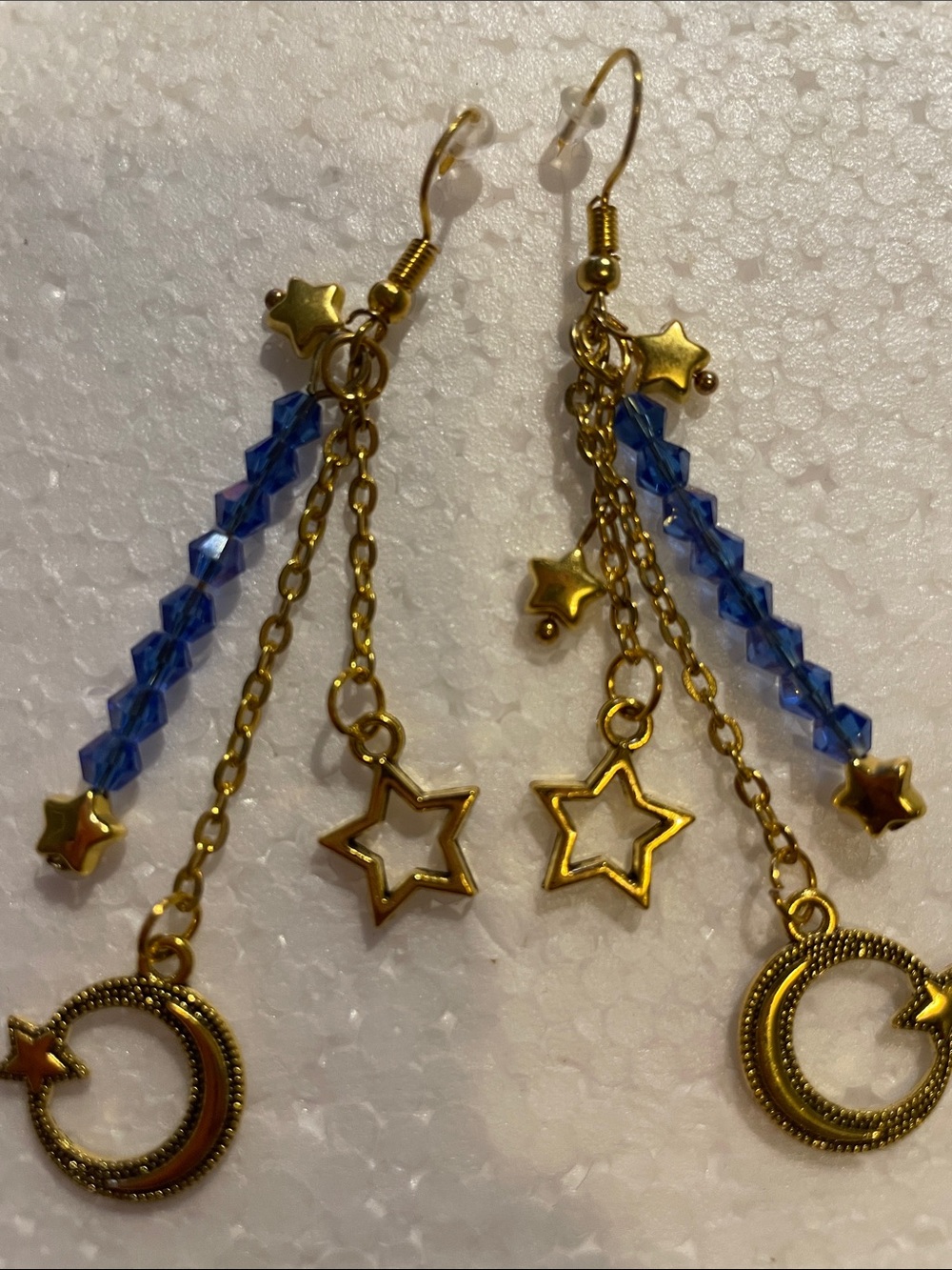 Celestial Blue Cresent Moon and Stars Dangle Earrings